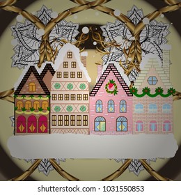 Vector illustration. Winter scene with small house in a snowy in a sketch style. A Very Merry Christmas hand lettering with sketched fir trees on the pattern background.