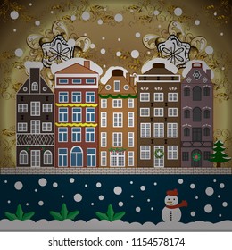 Vector illustration. Winter scene with small house in a snowy in a sketch style. A Very Merry Christmas hand lettering with sketched fir trees on the pattern background.