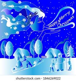 Vektorgrafik einer Winterlandschaft in einem kleinen schneebewachsenen Dorf mit Kindern