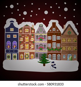 Vector illustration. Winter scene with small house in a snowy in a sketch style. A Very Merry Christmas hand lettering with sketched fir trees on the pattern background.