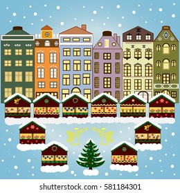 Vector illustration. Winter scene with small house in a snowy in a sketch style. A Very Merry Christmas hand lettering with sketched fir trees on the pattern background.
