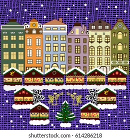 Vector illustration. Winter scene with small house in a snowy in a sketch style. A Very Merry Christmas hand lettering with sketched fir trees on the pattern background.