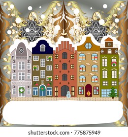 Vector illustration. Winter scene with small house in a snowy in a sketch style. A Very Merry Christmas hand lettering with sketched fir trees on the pattern background.