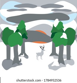 Ilustración vectorial de una escena invernal con nieve cubriendo el suelo, dos conejos y un ciervo.
