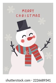 Vector illustration of winter season .A snowman with  red scarf and snowflake on gray backround..