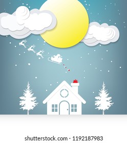 Vector illustration of winter season and Christmas day Santa Claus and deer on sky with snow.vector paper art style.