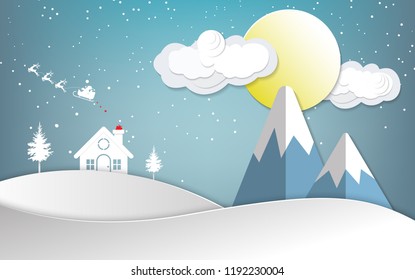 Vector illustration of winter season and Christmas day Santa Claus and deer on sky with snow.vector paper art style.