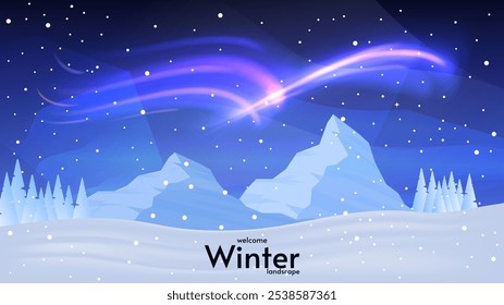 Vector illustration. Winter season. Flat cartoon concept. Aurora landscape. Abstract gradient landscape. Flat illustration on dark backdrop. Adventure concept. 