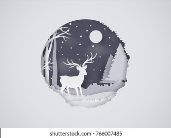 Vector Illustration of winter season and Merry Christmas with Deer in forest. paper art 
