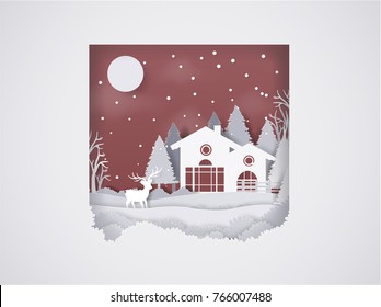 Vector Illustration of winter season and Merry Christmas with Deer in forest. paper art 