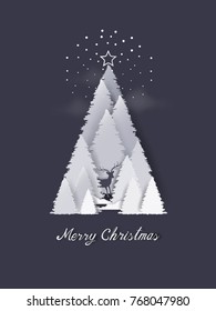 Vector Illustration of winter season and Merry Christmas with Deer in forest drably. Paper art carving