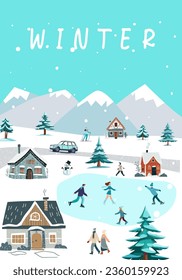 Vector illustration of the winter season. Poster with people and seasonal outdoor activity.