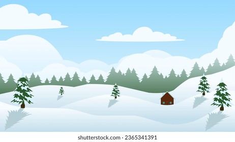 Vector illustration of winter season. Snow hill with pine tree forest and house. Winter landscape for background, wallpaper, or landing page. Landscape nature illustration with gradient style