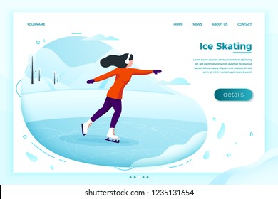 Vector illustration -  winter skate rink with skating girl. Forests, trees and hills on white background. Banner, site, poster template with place for your text.