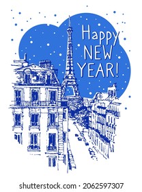 Vektorgrafik einer Winterskizze von Paris. Design-Konzept Frohes neues Jahr. Banner, Karte oder Poster. Eiffelturm skizzierte Illustration. Flacher Stil. Winter und Schnee in Paris, Frohe Weihnachten.