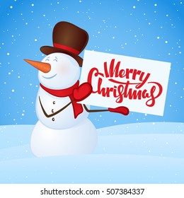 Vector illustration: Winter smiling snowman with blank  banner in hands on snowdrift background. Merry Christmas