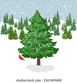 Vector illustration of a winter snow covered forest clearing with a large beautiful fir tree in the foreground
