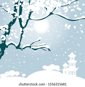 Vector illustration of winter snow landscape in Chinese style with snow-covered tree and silhouette of Chinese pagoda on the horizon
