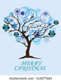 vector illustration of a winter snow tree with snowflakes and owls