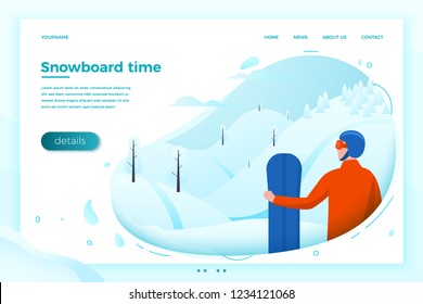 Vector illustration -  winter snowboard rider, looking forward to ride. Forests, trees and hills on white background. Banner, site, poster template with place for your text.