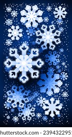 Vector illustration. Winter snowfall from snowflakes. Holiday, white layered paper, cut into snowflakes in Asian style, on a blue background. Mobile phone screensaver design. Chinese art, mobile app