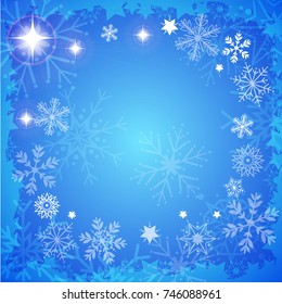 Vector and illustration of winter snowflake frame with bright and gradient blue sky background for Christmas, winter or holiday theme 