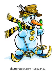 vector illustration of winter snowman on skis