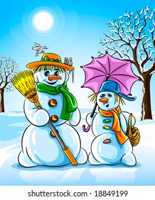 vector illustration winter snowmen with broom pink umbrella