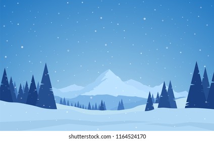 Vector illustration: Winter snowy calm Mountains landscape with pines, hills and snowflakes.