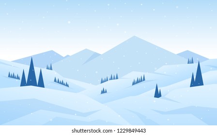 Vector illustration: Winter snowy cartoon Mountains landscape with hills, pines and peaks.