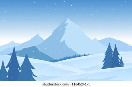 Vector illustration: Winter snowy flat Mountains landscape with pines, hills and snowflakes.