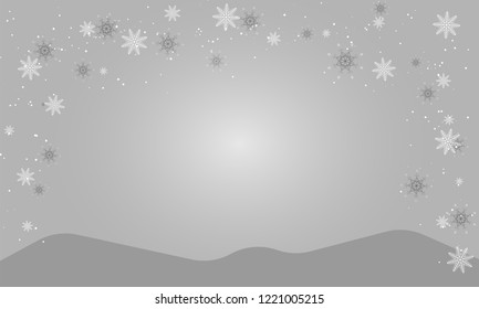 Vector illustration Winter snowy flat Mountains landscape with pines, hills and snowflakes.