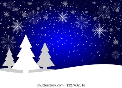 Vector illustration Winter snowy flat Mountains landscape with pines, hills and snowflakes.