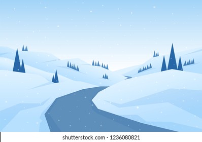 Vector illustration: Winter snowy flat cartoon mountains landscape with road, hills and pines. Christmas background.
