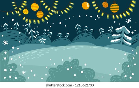 Vector illustration. Winter snowy landscape with trees, holidays garland lights and snowflakes. Night. Cute cartoon style.