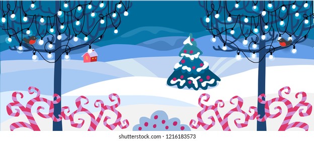 Vector illustration. Winter snowy landscape with trees, house, lights and garland. Cute hand drawn cartoon and doodle style. Holidays decorations for banner, poster, invitation, card, broshure