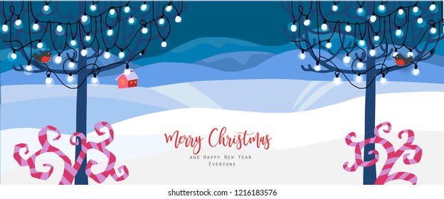 Vector illustration. Winter snowy landscape with trees, house, lights and garland. Cute hand drawn cartoon doodle style. Holidays banner, poster, card. Calligraphy greetings Merry Christmas