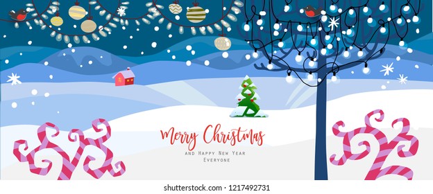 Vector illustration. Winter snowy landscape with fir tree, house, lights and garland. Cute hand drawn cartoon and doodle style. Holidays decorations for banner, poster, invitation, card, broshure