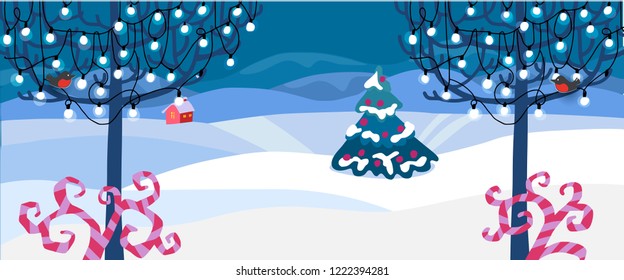 Vector illustration. Winter snowy landscape with fir tree, house, garland lights. Cute hand drawn cartoon and doodle style. Holidays decorations for banner, poster, invitation, card, broshure