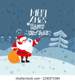 Vector illustration. Winter snowy landscape with trees, holidays garland, balls and lights. Santa Сlaus shows by hand on hand lettered greetings Merry X-mas and Happy New Year. Cute cartoon style