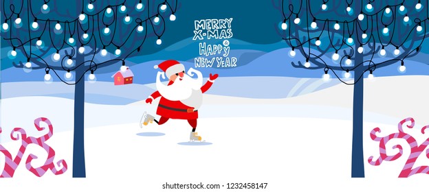 Vector illustration. Winter snowy landscape with trees, house, lights and garland. Funny Santa Claus on skates. Cute hand drawn cartoon and doodle style. For banner, poster, invitation, card, broshure