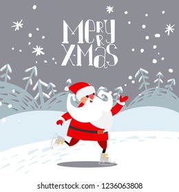 Vector illustration. Winter snowy landscape with trees and snow. Funny Santa Claus on skates. Cute hand drawn cartoon and doodle style. For banner, poster, invitation, card, broshure