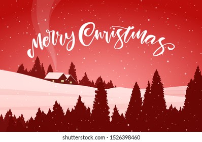 Vector illustration: Winter snowy landscape with cartoon house and handwritten lettering of Merry Christmas