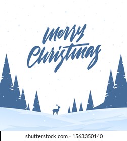 Vector illustration: Winter snowy landscape with hills, pine and silhouette of deer. Merry Christmas