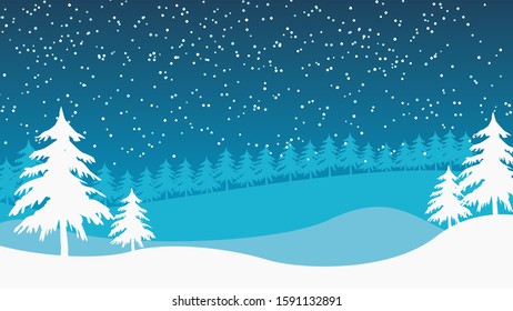 Vector illustration. Winter snowy landscape with tree in background
