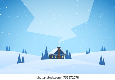 Vector illustration: Winter snowy landscape with cartoon house with hills and smoke from the chimney.