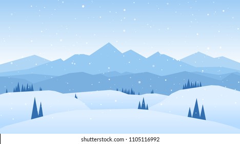 Vector illustration: Winter snowy Mountains landscape with hills and  pines.