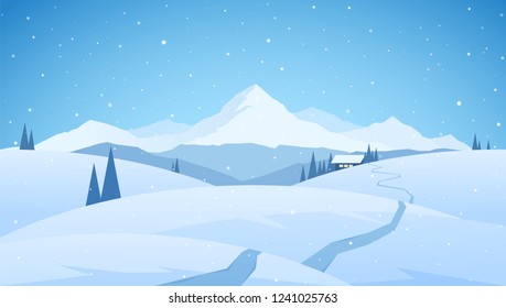 Vector illustration: Winter snowy mountains flat landscape with path to cartoon house. Christmas background