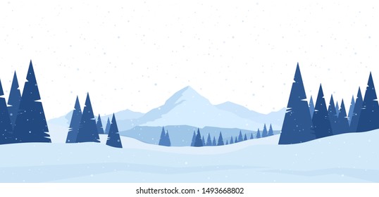 Vector illustration: Winter snowy Mountains flat landscape with pines and hills.