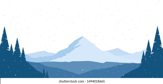 Vector illustration: Winter snowy Mountains flat landscape with silhouette of pines on hills.